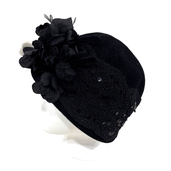 Vintage Jeanne Marie by Kathy‎ Jeanne Cloche Hat with Flowers, Lace, Sequins - Picture 8 of 10